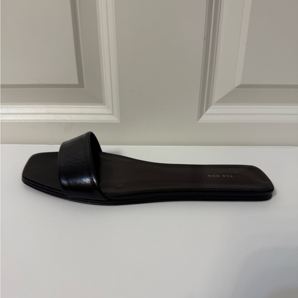 The Row Chocolate Black Leather Sandal Slides sz 36.5